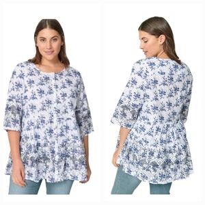 ELLOS Purple Floral Cotton Peplum Blouse Size L (18/20) Boho Tunic Top